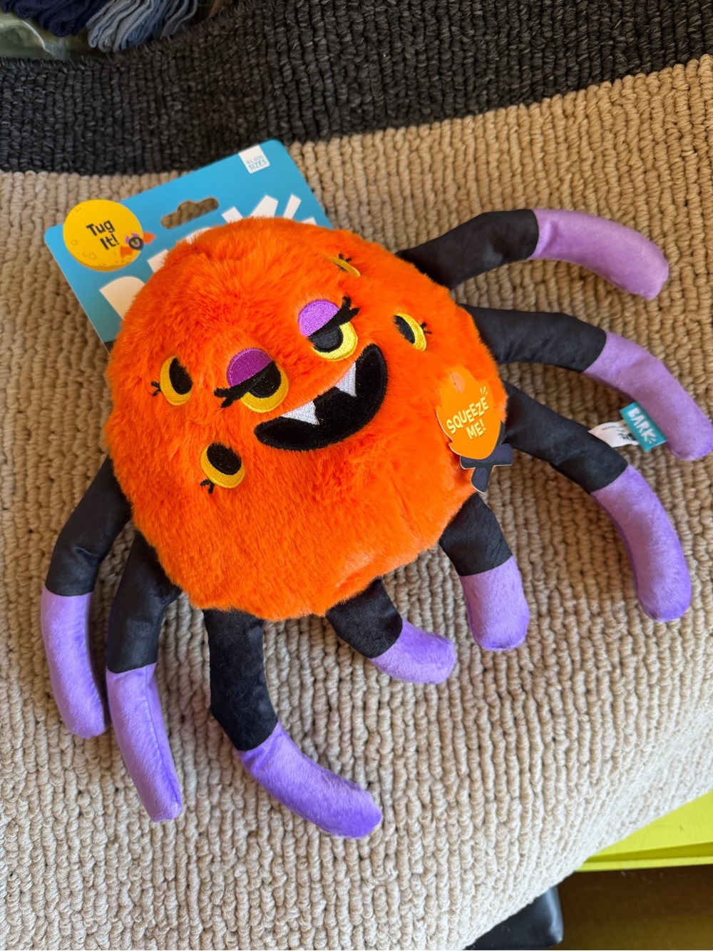 Bark Orange & Purple Plush Spider Squeaky Dog Toy - All sizes
